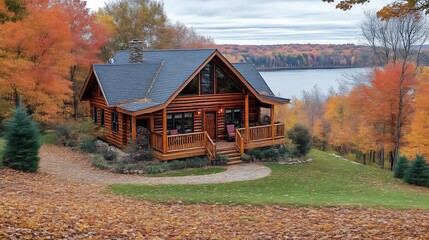 Obraz premium Autumn log cabin overlooking lake.
