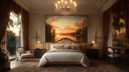Luxurious bedroom with large sunset landscape painting above bed, classic furniture, and elegant decor.
