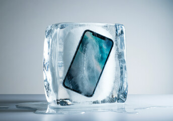 Phone encased in ice as water drips on a gray surface in a creative display of technology and nature