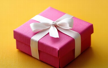 Obraz premium A vibrant pink gift box tied with a white ribbon, ideal for valentines day, on a bright yellow background