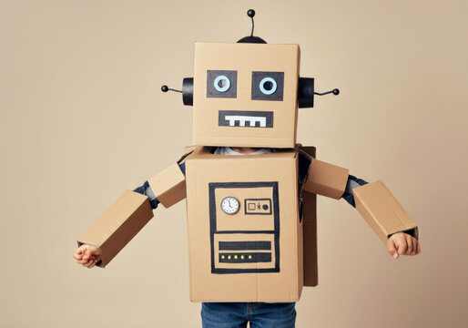 Creative cardboard robot costume showcases imaginative play during a fun activity at home