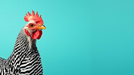 Side view of a rooster with zebra stripes on the left side on a baby, pastel blue background. Copy space, silly concept.