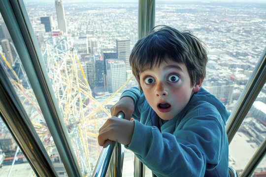 Young caucasian boy with surprised expression at high altitude in urban setting