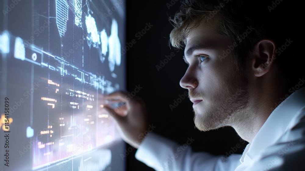 Poster examination of digital predictive maintenance tools with an engineer monitoring an interactive touch