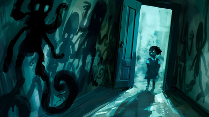A whimsical cartoon of a child peeking out from behind a door, their face glowing with fear. 