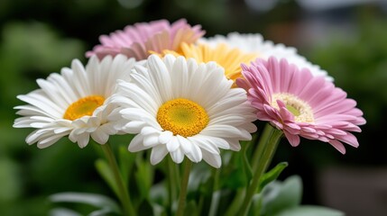 Obraz premium A close-up of vibrant white and pink daisies basking under sunlight, evoking a sense of freshness and the lively spirit of spring.