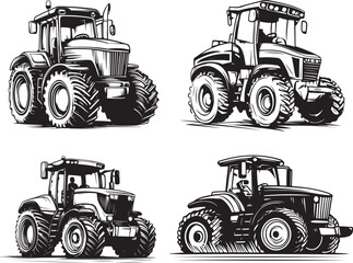 Farm Tractors Stylized Set Vector Illustration Graphic