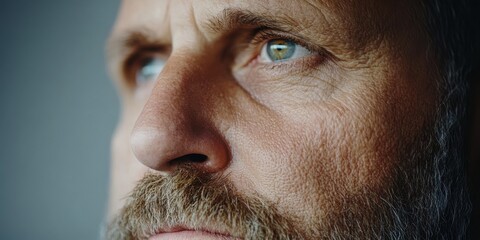 Fototapeta premium A thoughtful close-up captures a contemplative gaze, revealing the depth and emotion in the eyes, framed by rugged features and a gentle light.