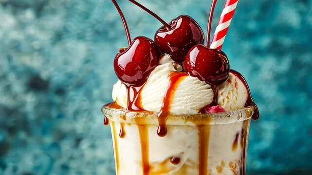 Decadent ice cream float topped with cherries and rich syrup on a bright blue background, Decadent ice cream float with cherries and syrup drizzle on textured blue background