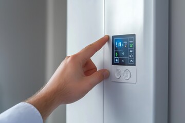 Homeowner pressing a button on a digital control panel of a new energy-efficient wall-mounted water boiler.