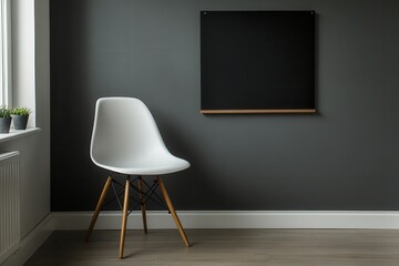 Modern interior design with magnetic chalkboard and minimalist white chair.