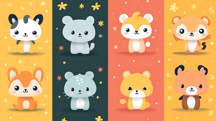 Kawaii animal-themed patterns with bright cheerful colors and soft textures.
