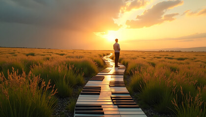 Musician standing on a giant piano path in a golden field at sunset