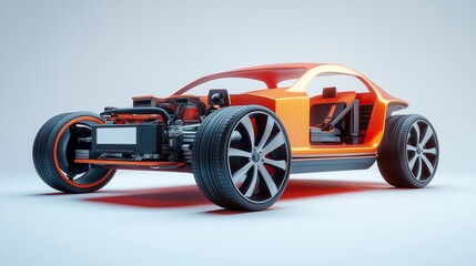 Modern semi-transparent electric car with engine. 3D