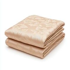A folded, textured blanket in a soft beige color, featuring a subtle floral pattern, ideal for home decor or cozy warmth.