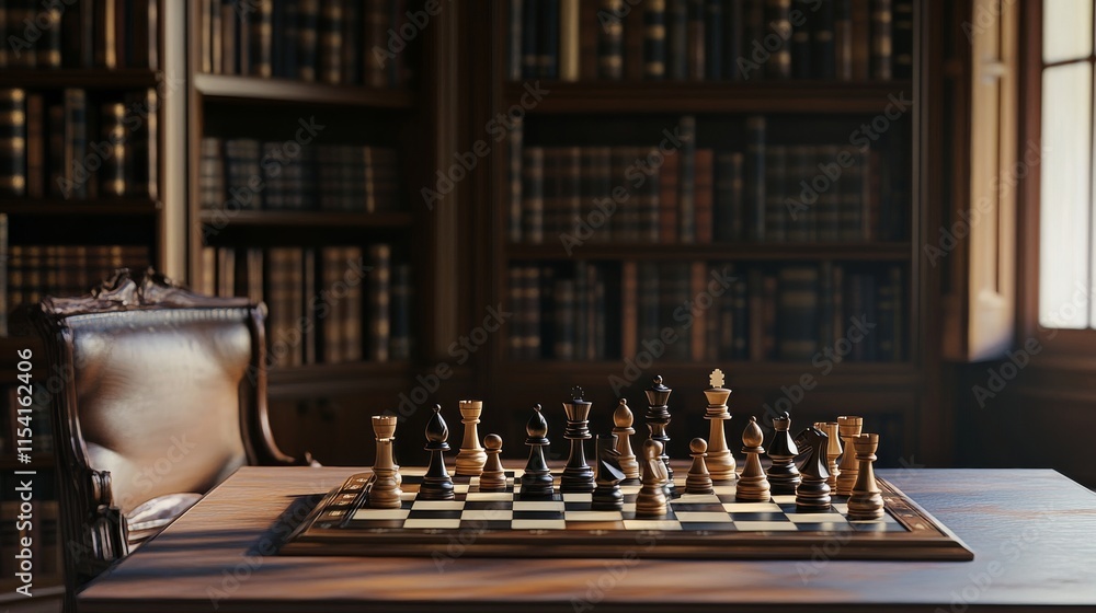 Poster An elaborate chess setup in a quiet library, Chessboard and pieces meticulously arranged on a table, Minimalist intellectual style