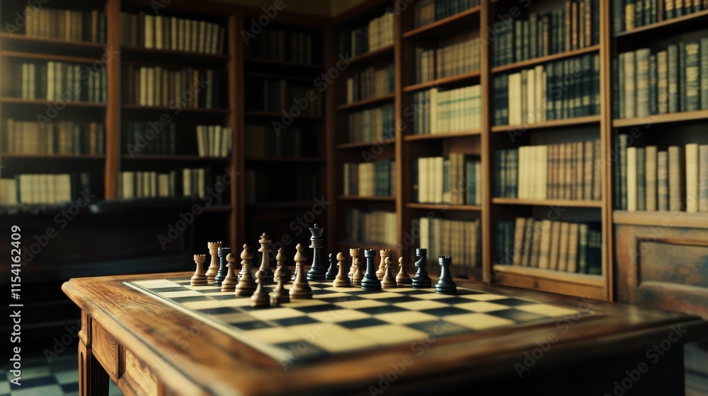 Aufkleber an elaborate chess setup in a quiet library, chessboard and pieces meticulously arranged on a table,