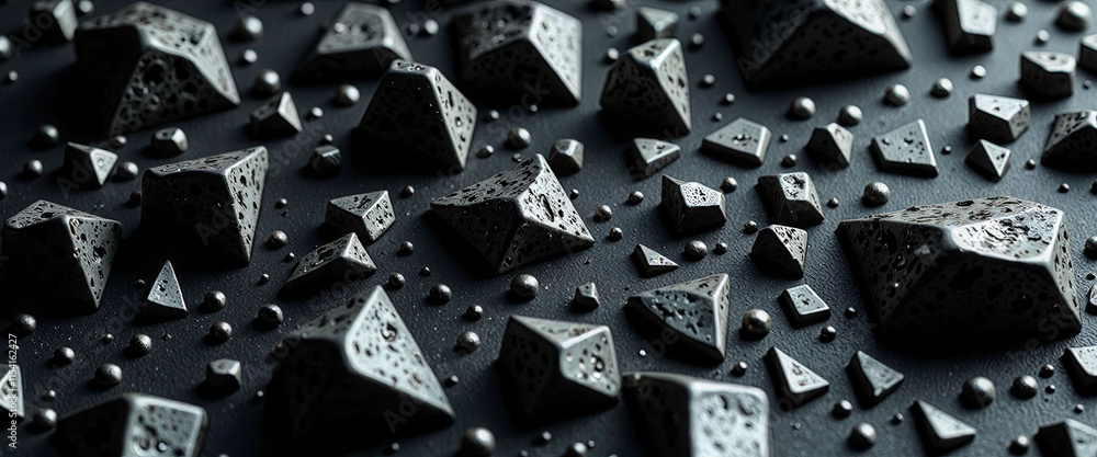 Poster a close up of a black and grey image of many small black and grey shapes. the shapes are arranged in