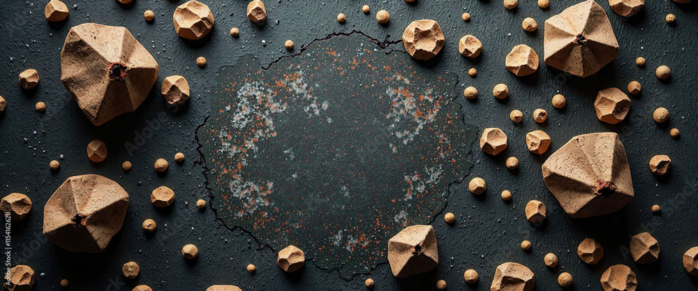 Poster a black background with a large circle in the middle and a lot of small rocks surrounding it. the ro