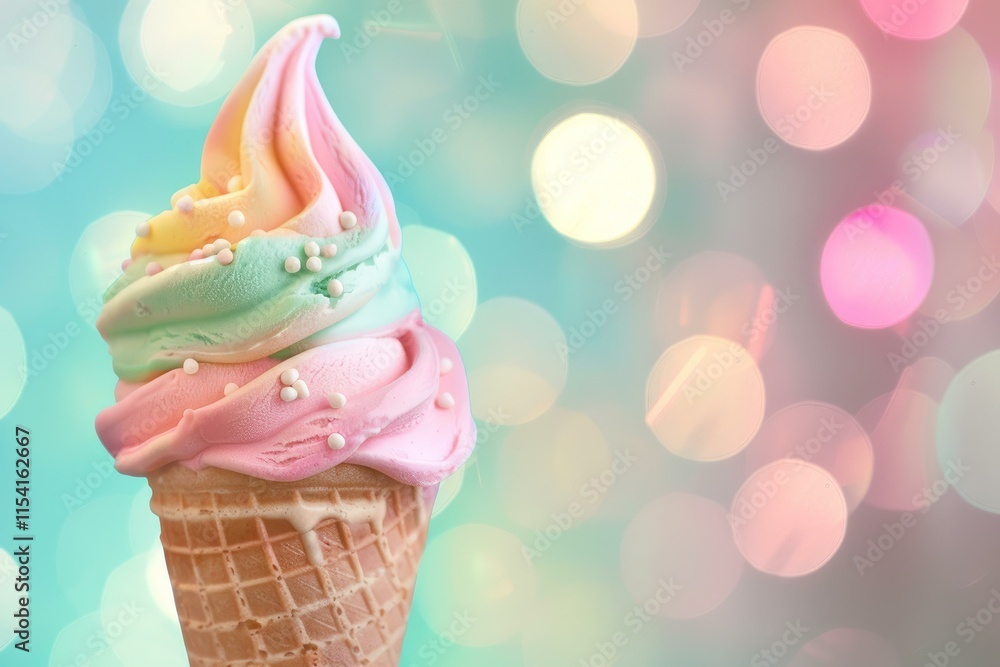 Poster sweet colorful ice cream melting in waffle cone on blurred background with colorful bokeh