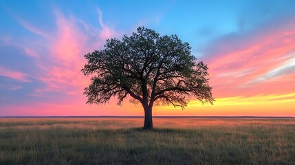 Fototapeta premium Solitary Tree Silhouetted Against a Vibrant Sunset Sky