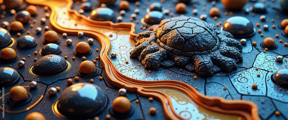 Poster a close up of a rocky surface with a large, broken shell in the middle. the shell is surrounded by m