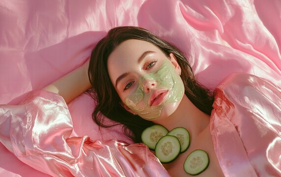 Young woman in a silk robe enjoying a facial mask with cucumber slices, on a soft pink background spa and relaxation