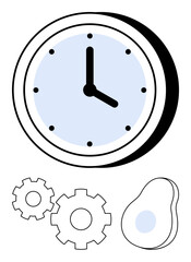 Clock with gears and abstract shape illustrating time, productivity, and process. Ideal for business, workflow, punctuality, efficiency, time tracking, project management and optimization themes