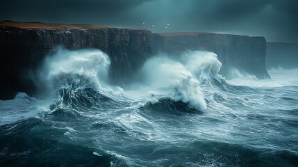 Obraz premium Dramatic ocean waves crashing against dark cliffs