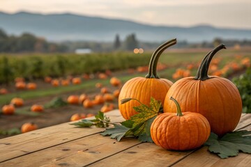 Closeup of fresh Pumpkins, on wooden table