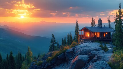 Naklejka premium Mountain Cabin Sunset Scenic Landscape View
