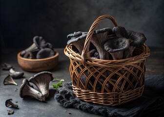 Obraz premium Many real Black trumpet (Craterellus cornucopioides) in basket on table