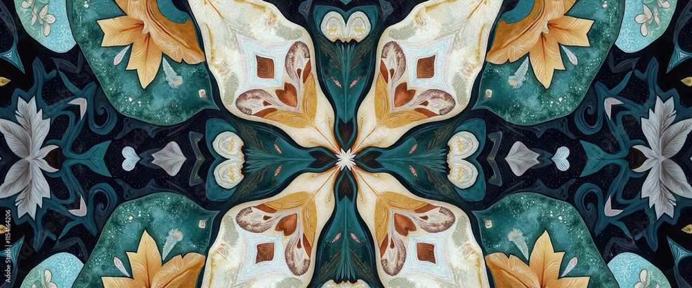Poster a colorful and intricate design of leaves and flowers. the design is made up of many small pieces th
