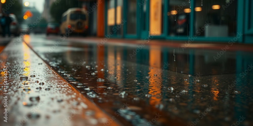 Poster a rainy street with a car and a building in the background. the rain is falling in a steady stream, 