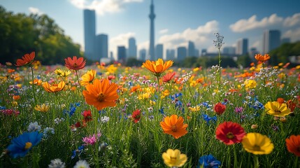 Vibrant Cosmos Flowers Bloom Before City Skyline