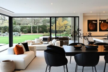 Fototapeta premium Modern Open-plan Living Dining Area with Garden View