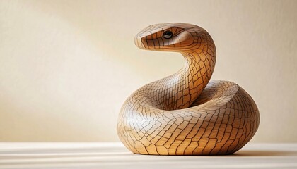 Fototapeta premium Elegant wooden snake sculpture, perfect for Chinese New Year 2025 promotions, featuring intricate textures and ample copy space for modern designs.