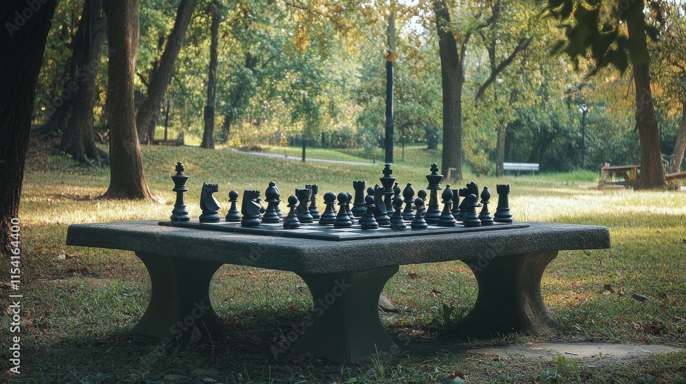 Poster an elaborate chess setup in a quiet park, chess pieces and board neatly placed on a picnic table, mi