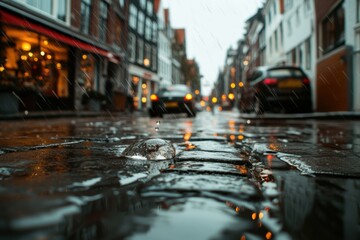 Urban street glimmers with droplets as rain falls softly on cobblestones during a quiet Blue Monday. Cars pass by, their headlights reflecting the mood of the day, creating a serene atmosphere