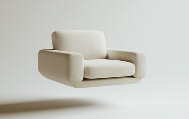 A modern, sleek armchair with a minimalist design floating mid-air on a clear white background