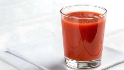 A glass filled with a vibrant red liquid, likely tomato juice, rests on a white surface. The glass is transparent, showcasing the rich color and consistency of the juice.

