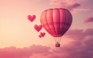 Naklejka premium A romantic hot air balloon with hearts for Valentines Day in a pink sky