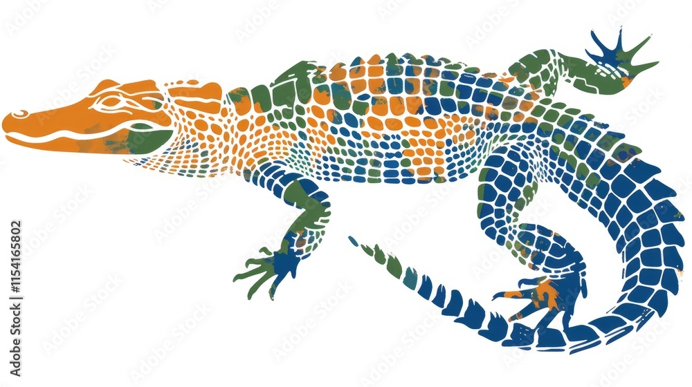 Poster a colorful illustration of a crocodile showcasing its unique patterns and textures.