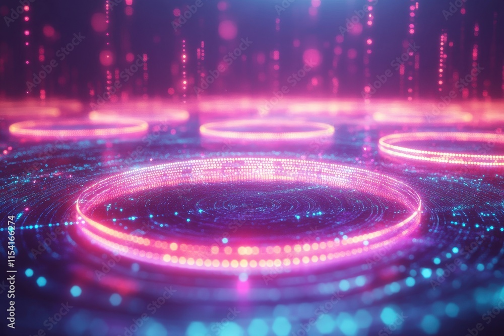 Poster abstract digital landscape with glowing circles and data streams.