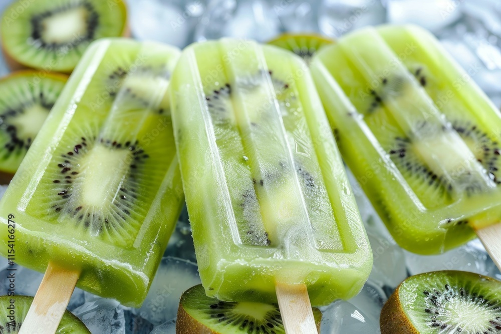 Poster ice cream bars with kiwi slices refreshing on ice on a summer day