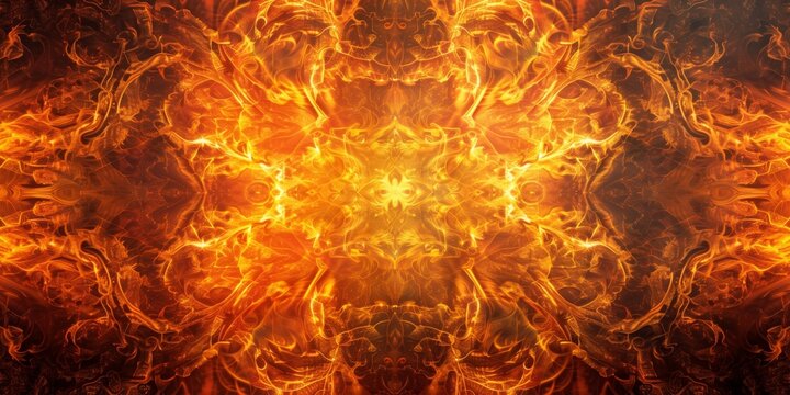 Abstract background with ethnic ornament and fire, bright orange and yellow tones, dynamic effect.