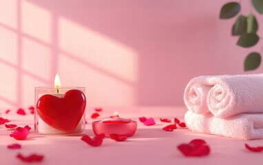 A spa setup with a red heart-shaped candle, fresh towels, and rose petals, on a pastel pink background