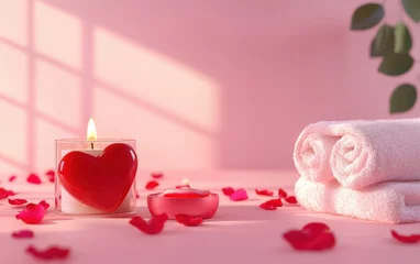 Fotobehang A spa setup with a red heart-shaped candle, fresh towels, and rose petals, on a pastel pink background © Антон Федченко