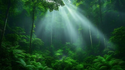 Sunbeams pierce through lush, misty rainforest canopy.