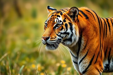 Obraz premium there is a tiger walking through a grassy field with yellow flowers